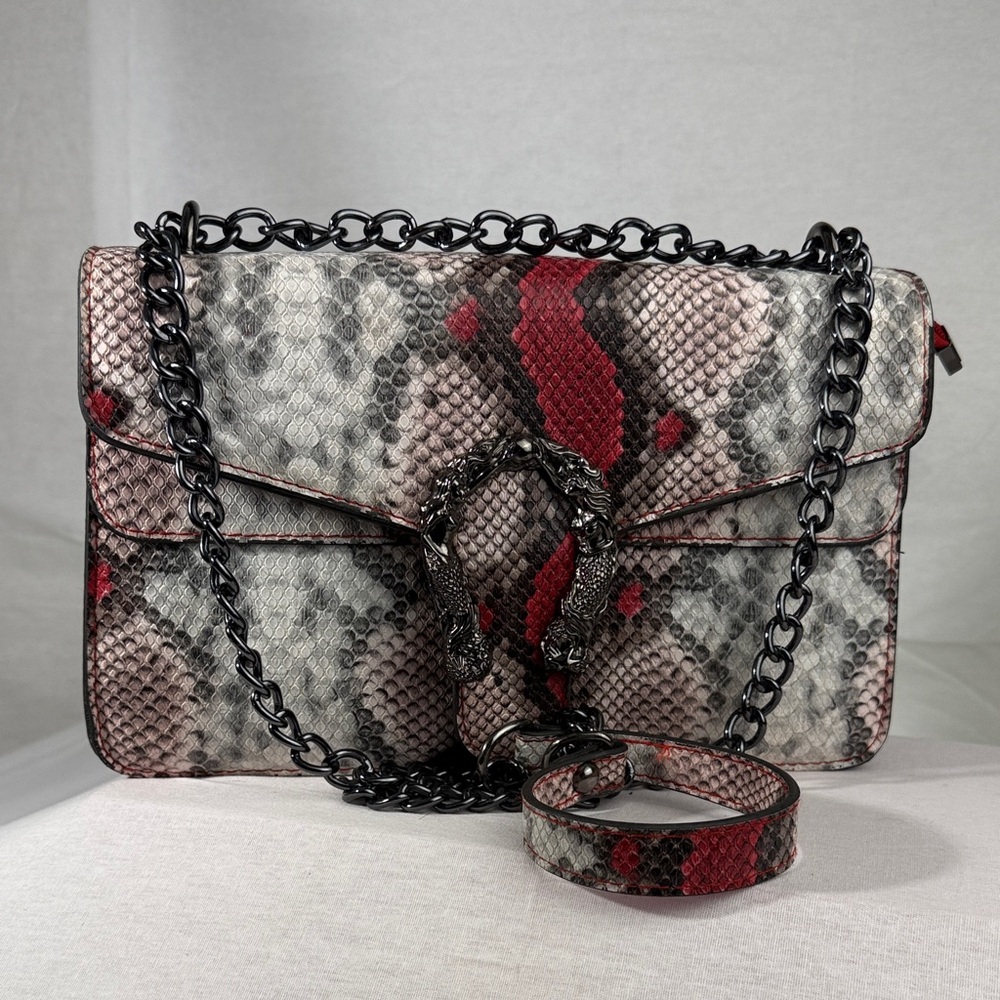 Affordable Fashion Finds Red and Gray Snake Print Shoulder Bag